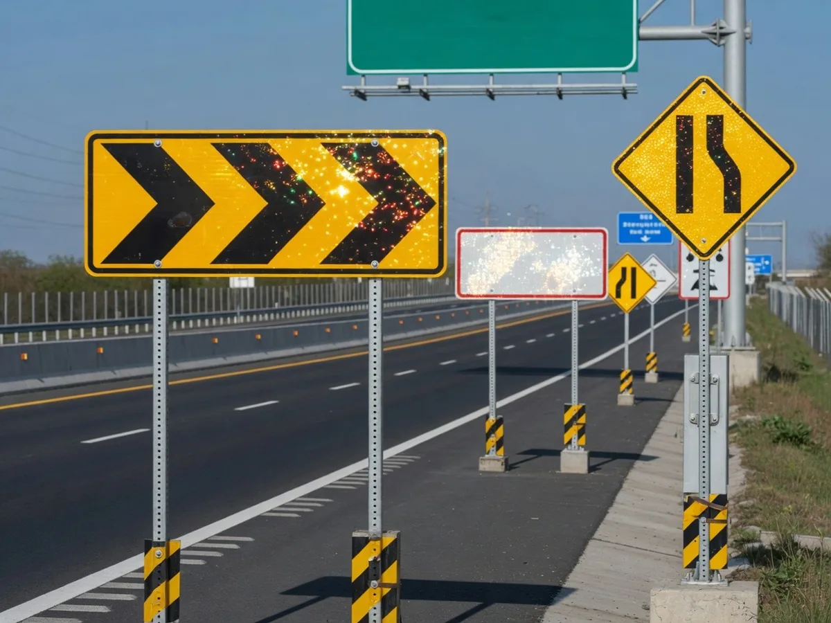 Traffic signs with reflective sheeting on a clear-day road